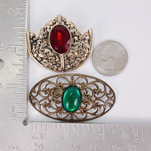 Vintage Mid Century Gold Tone Filigree Brooches Red Green Glass Cabochons Set - Picture 11 of 12